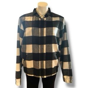 NWT Christopher & Banks B&W Plaid Bomber Zip Lined Jacket Size XL Ruffle Collar